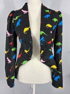 Dinosaur Ringmaster Blazer XS Rainbow Black Open Front High Low Collared Jacket